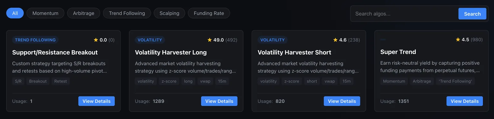 Strategy marketplace showing template cards for trend following, volatility and funding-rate strategies, each with a category, star rating, description, tags and usage count